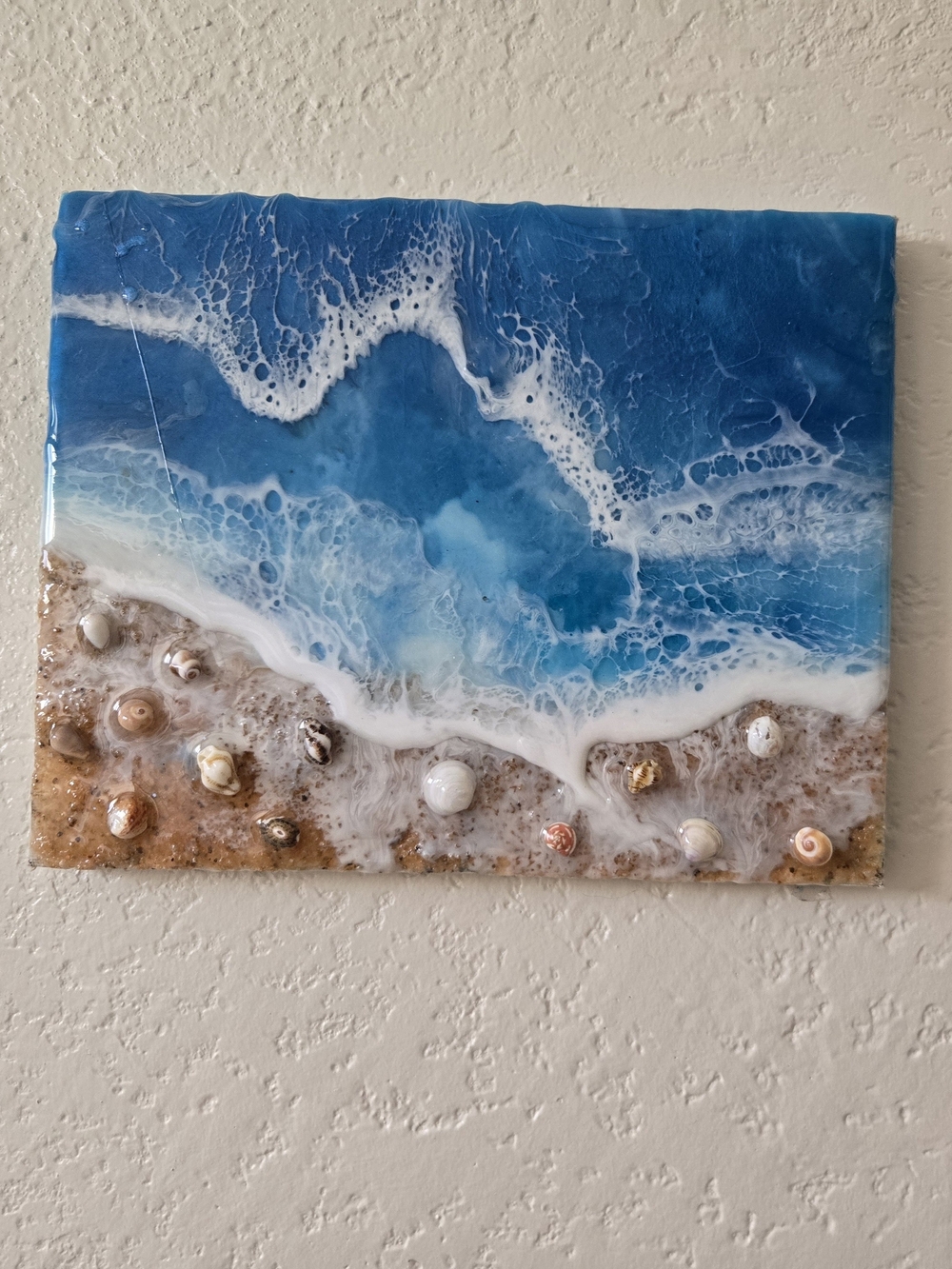 Coastal Resin Wall Art - Blue Ocean Wave with Seashell Accents